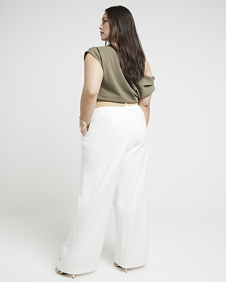 Plus White Belted Wide Leg Trousers