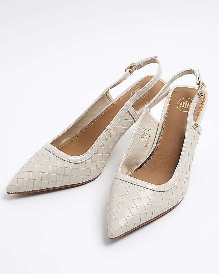 Beige wide fit weave heeled court shoes