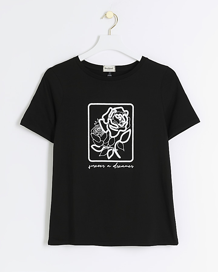 Black embroidered floral t-shirt