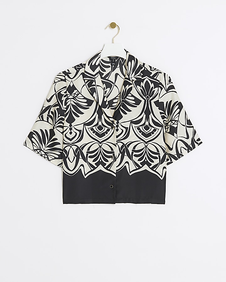 Petite black abstract crop shirt