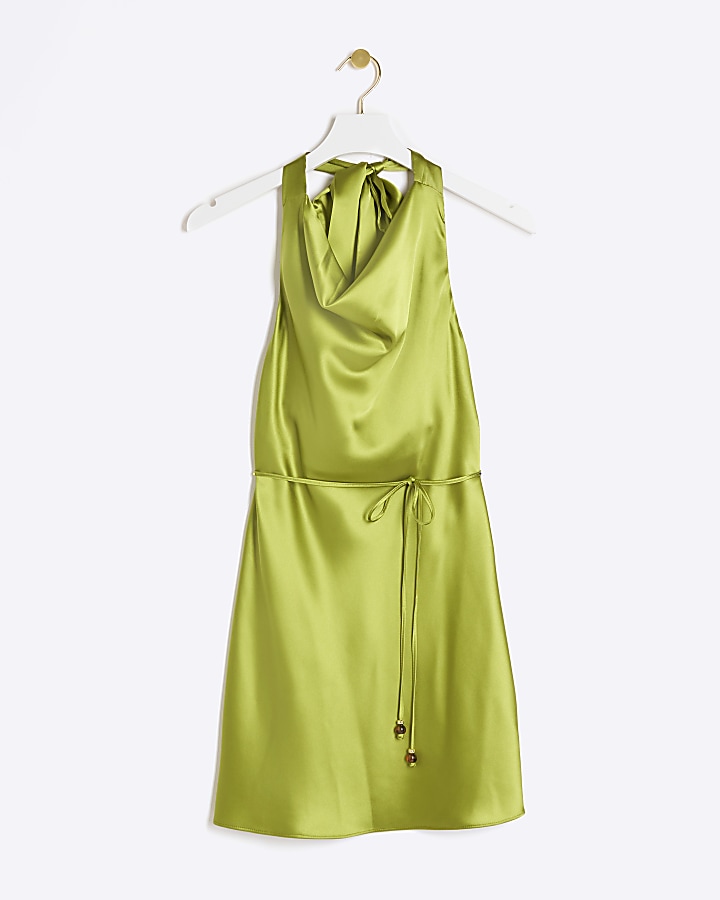 Petite Green Satin Open Back Slip Mini Dress