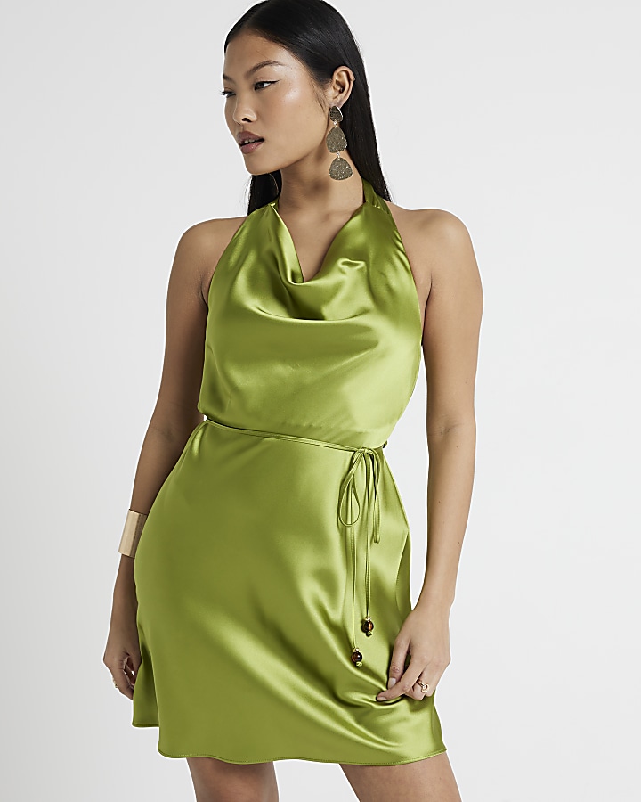 Petite Green Satin Open Back Slip Mini Dress
