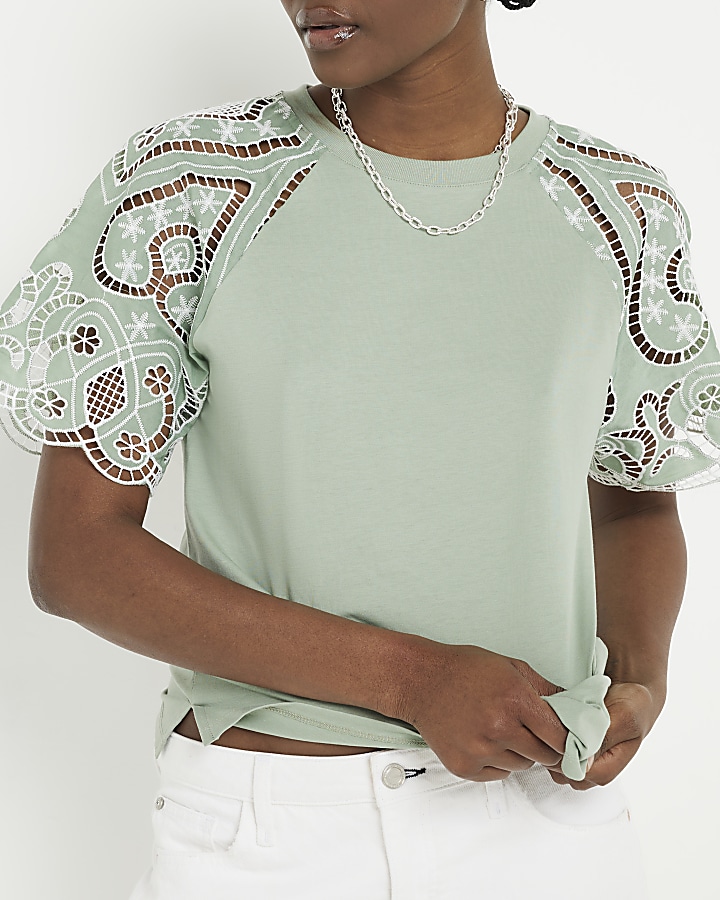Khaki Lace Sleeve T-shirt