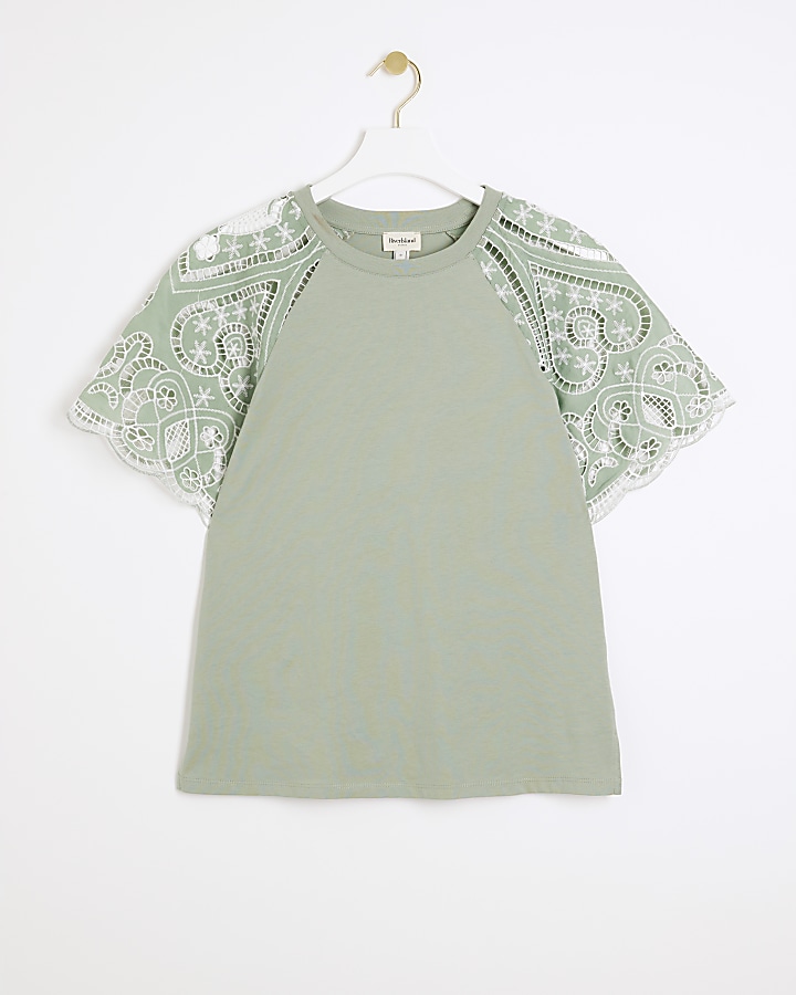 Khaki Lace Sleeve T-shirt