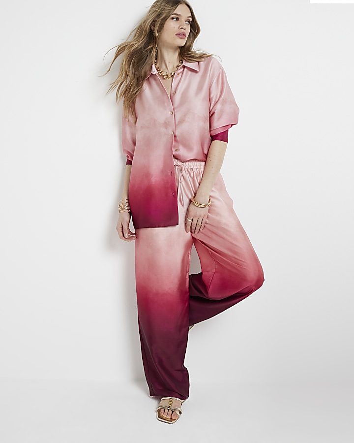 Pink satin ombre wide leg trousers