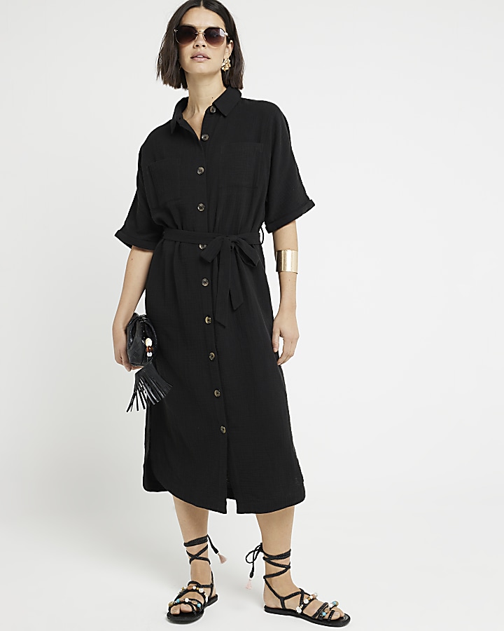 Black textured belted midi shirt dress | River Island