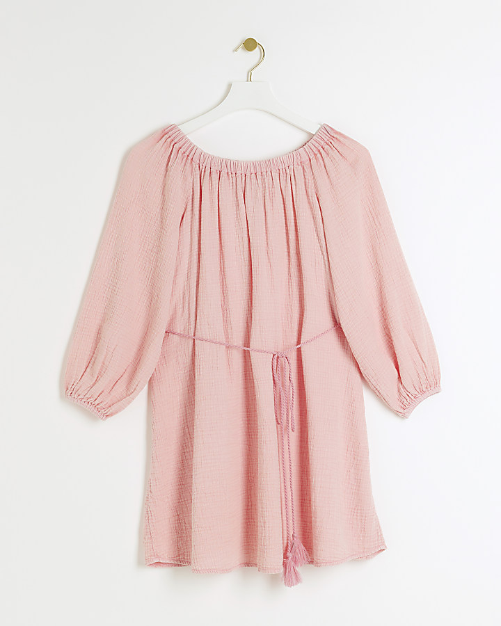 Pink textured belted bardot mini dress