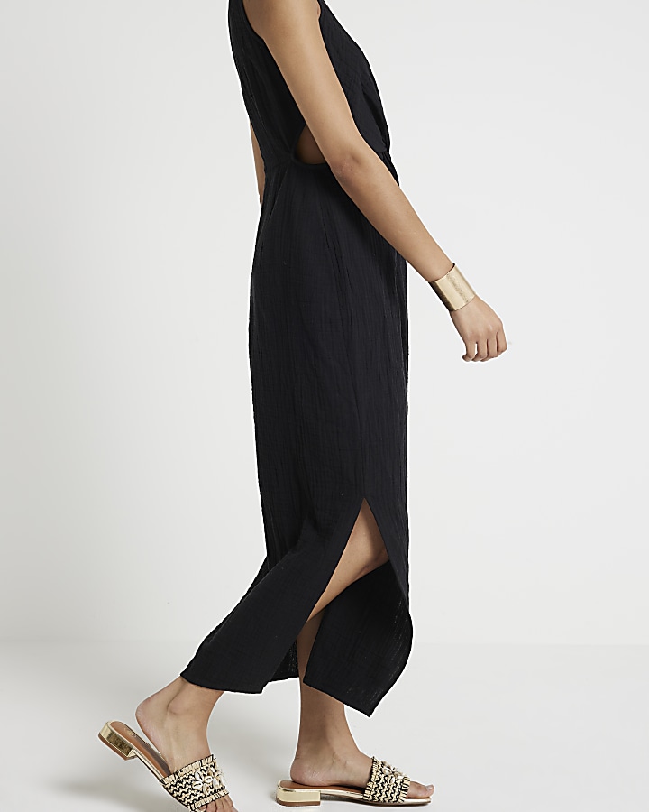 Black textured cut out smock midi dress