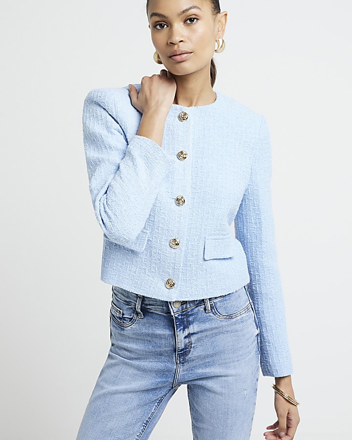 Blue boucle crop trophy jacket River Island