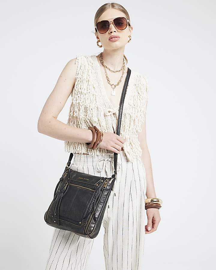 Black washed zip cross body bag