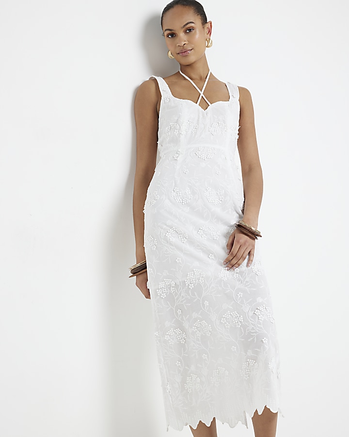 White embroidered floral bodycon midi dress