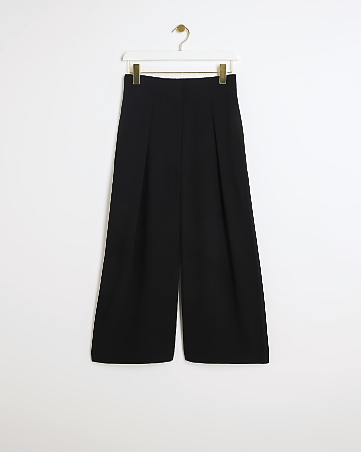 Black wide leg pleated cropped trousers