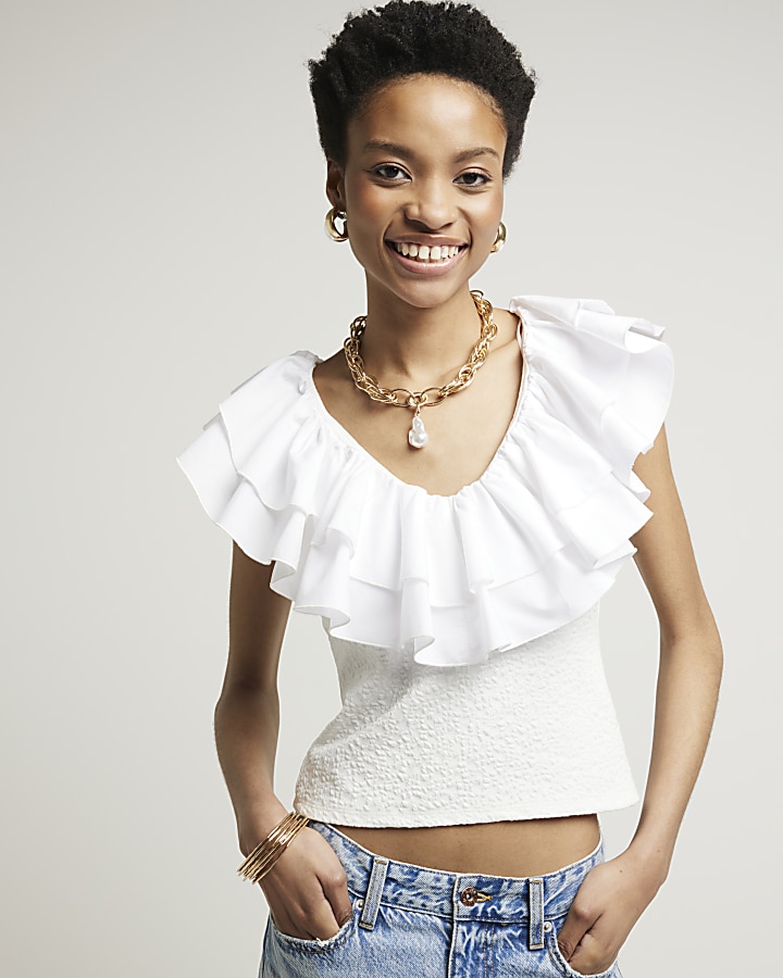 White textured frill top