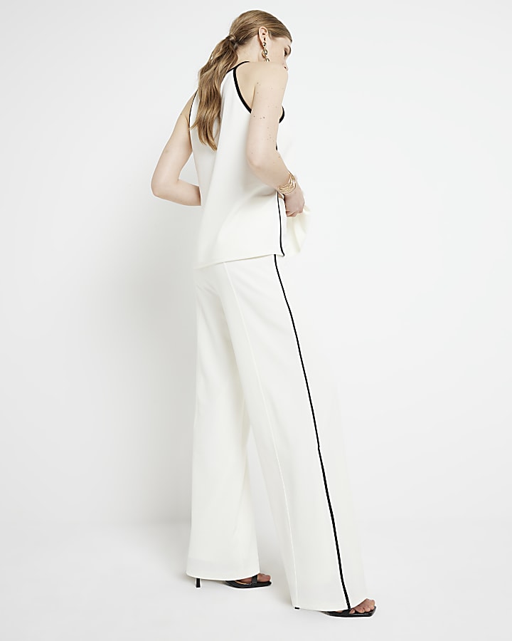 Cream Taped Wide Leg Trousers
