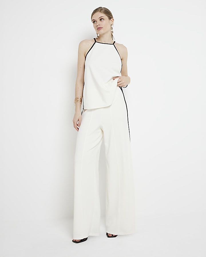 Cream Taped Wide Leg Trousers