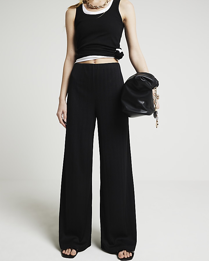 Black ribbed wide leg trousers