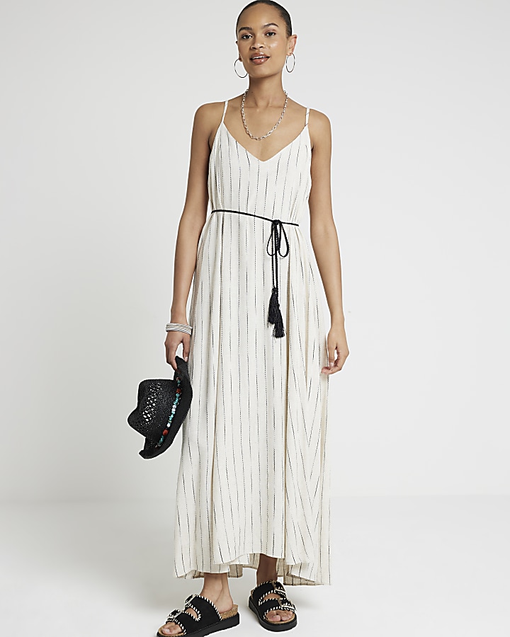 Beige stripe belted swing maxi dress