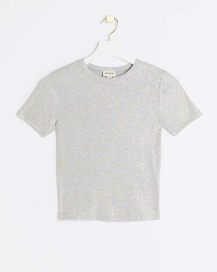 Grey ribbed metallic cropped t-shirt