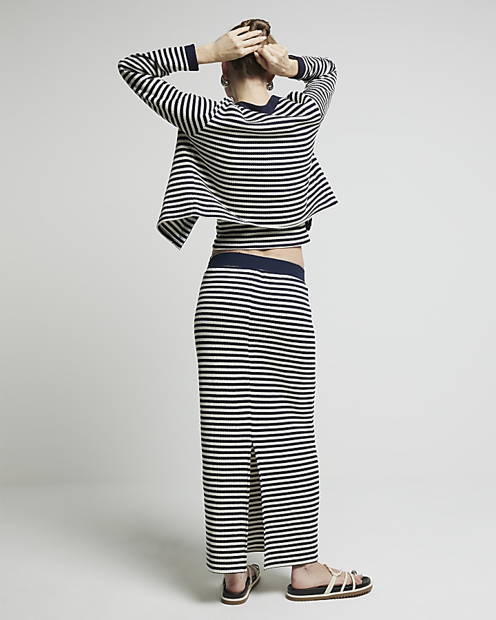 Navy knit stripe maxi skirt