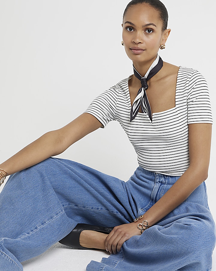 White stripe square neck t-shirt