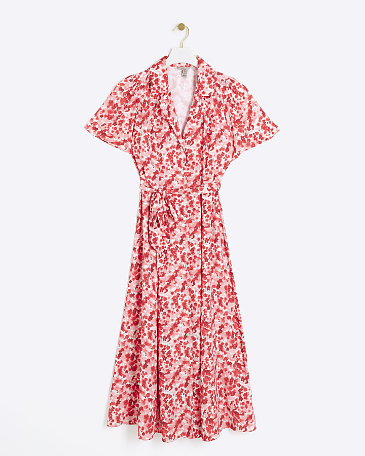 Red floral belted midi shirt dress