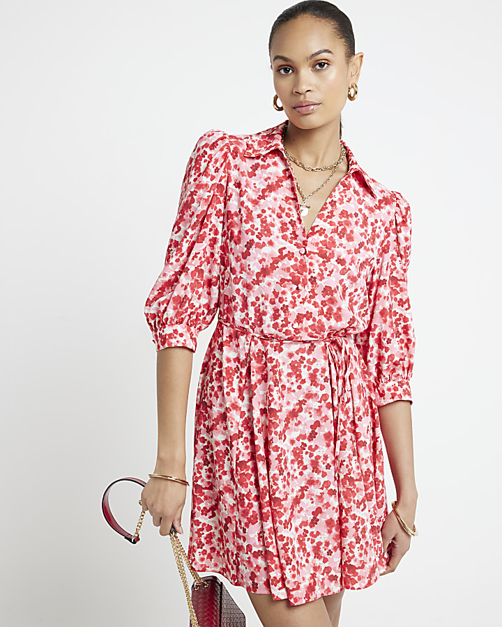 Red floral belted mini shirt dress