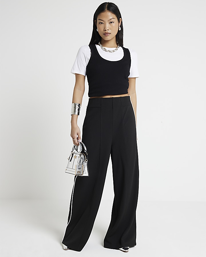 Petite Black Taped Wide Leg Trousers