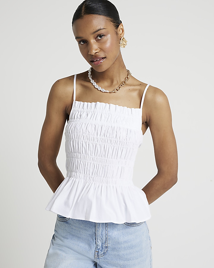 White Shirred Peplum Cami Top