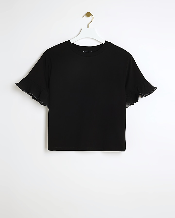 Black Stitch Frill Sleeve T-Shirt