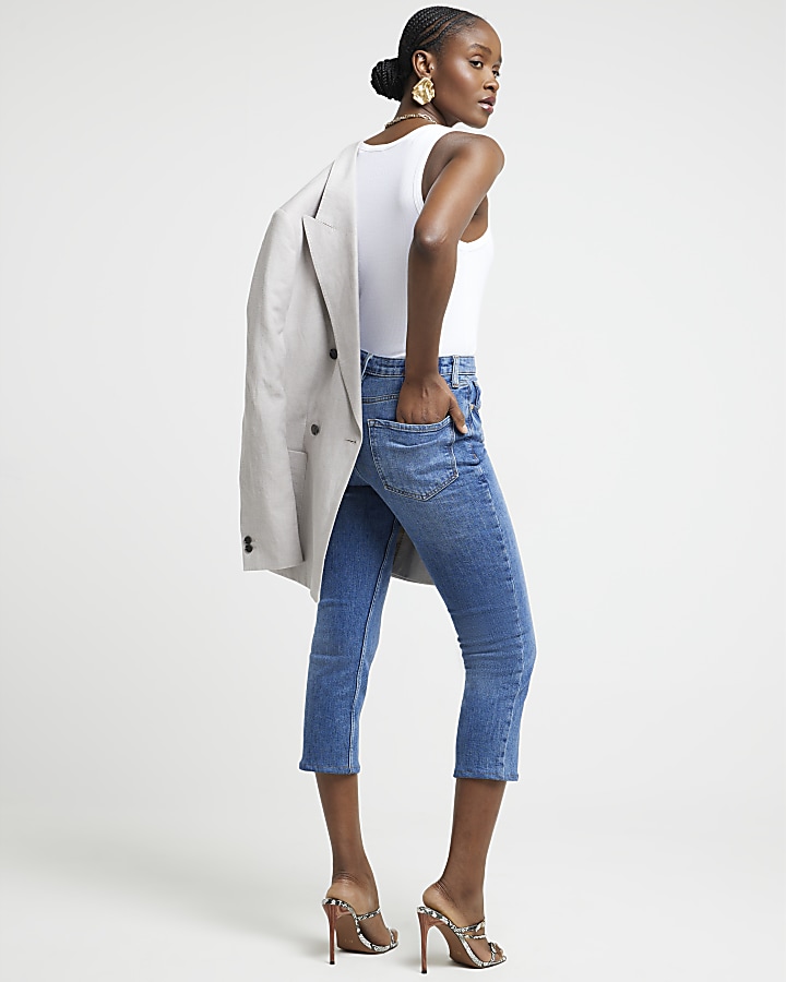 Blue high waisted cropped slim fit jeans