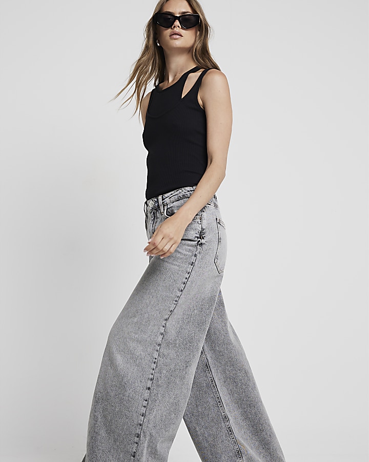 Grey Mid Rise elastic back palazzo Jeans | River Island