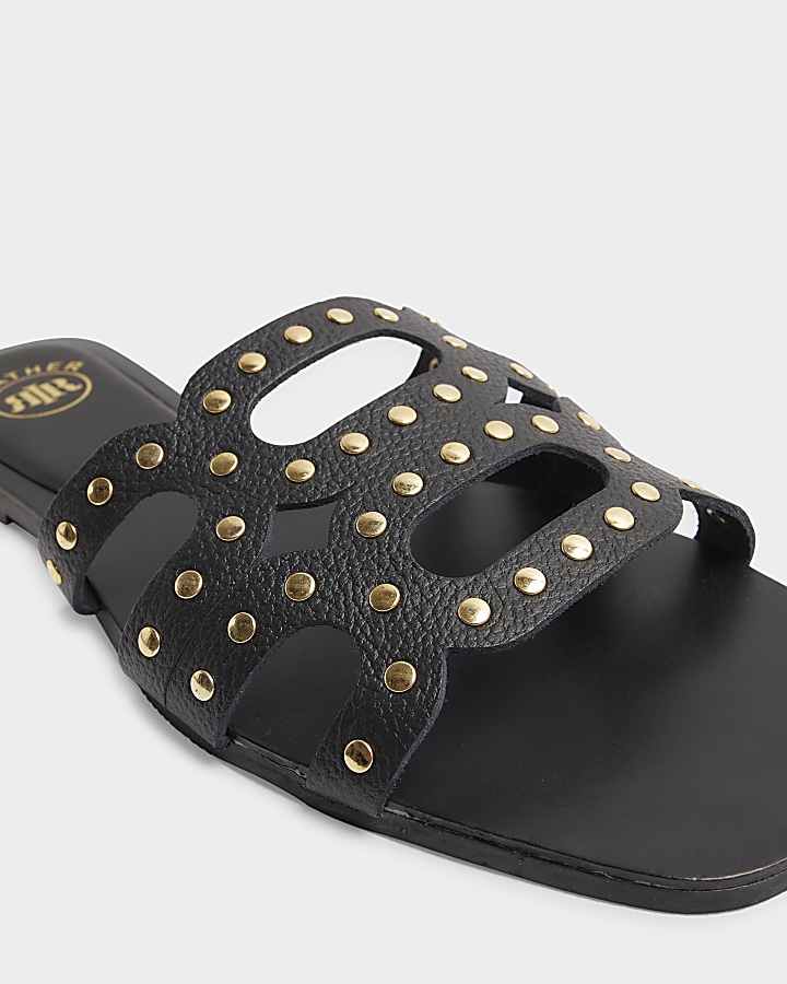 Black leather studded mule flat sandals