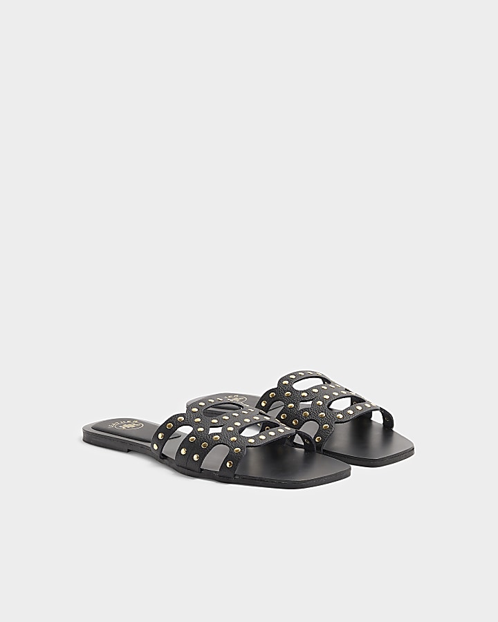 Black leather studded mule flat sandals