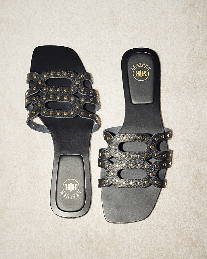 Black leather studded mule flat sandals