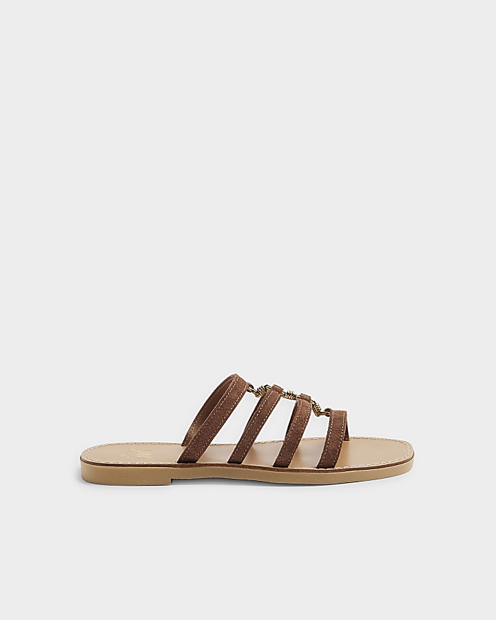 Brown suede hardware detail mule sandals