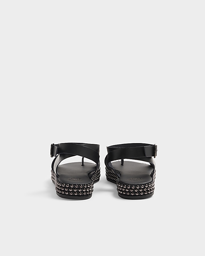 Black Leather Studded Flatform Sandals