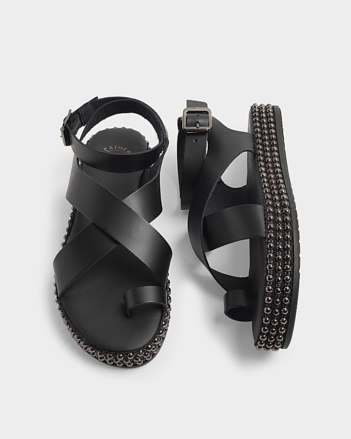 Black Leather Studded Flatform Sandals