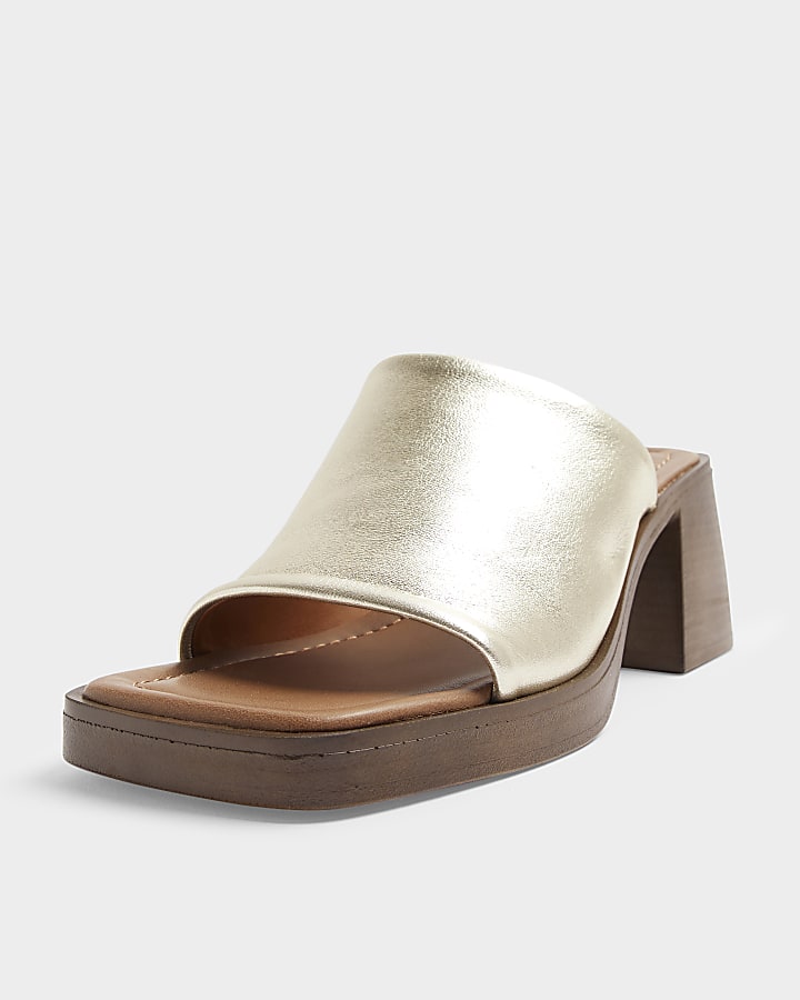 Gold Leather Heeled Mule Sandals