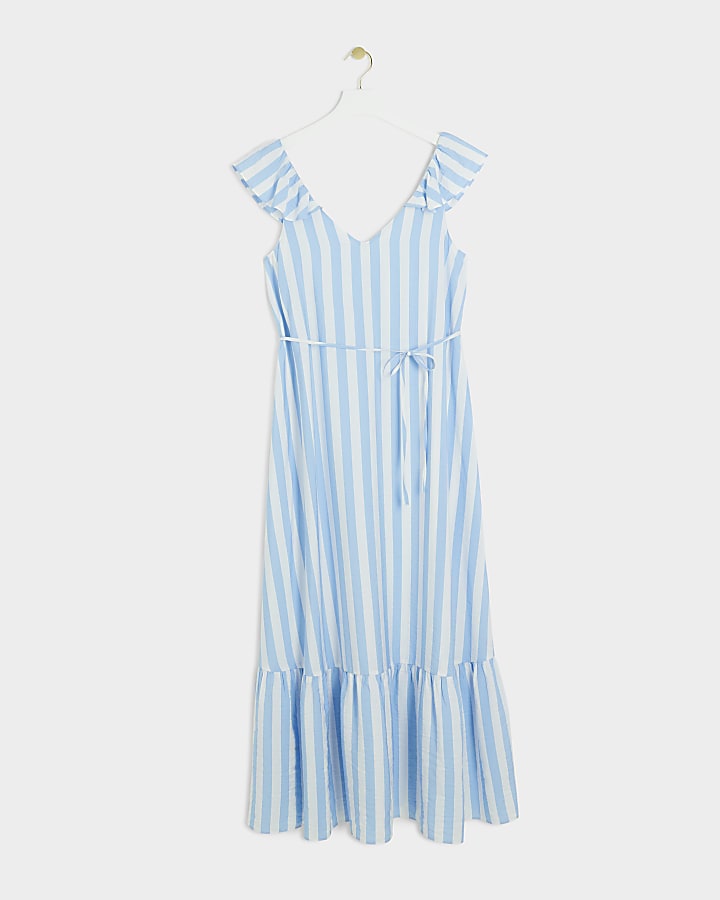Blue stripe belted swing maxi dress