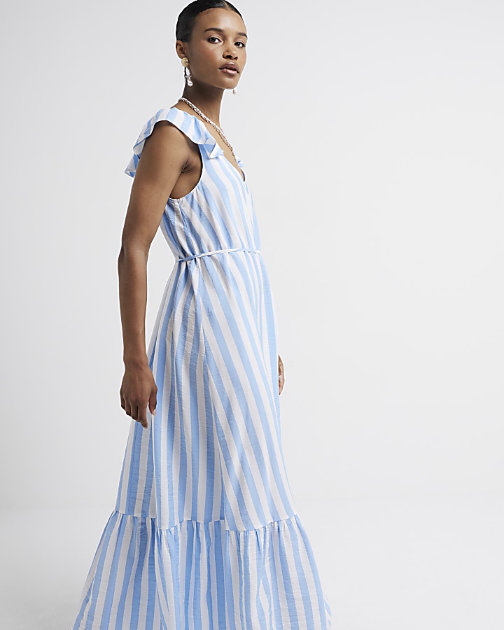 Blue stripe belted swing maxi dress