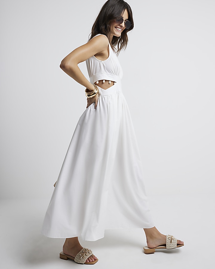 White cut out shell trim swing maxi dress