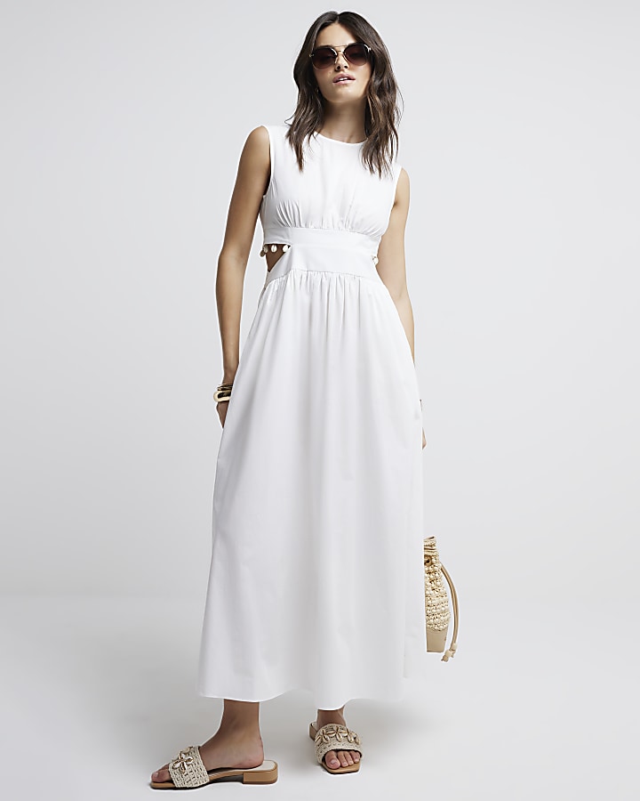 White cut out shell trim swing maxi dress