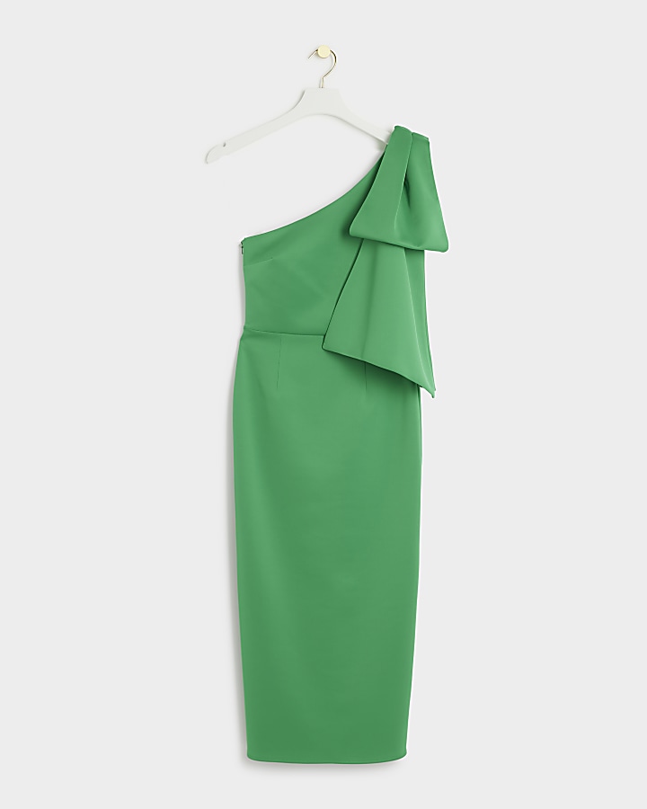 Green one shoulder bow bodycon midi dress