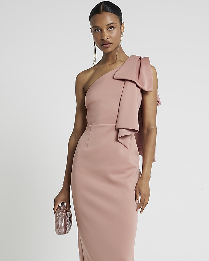 Pink one shoulder bow bodycon midi dress