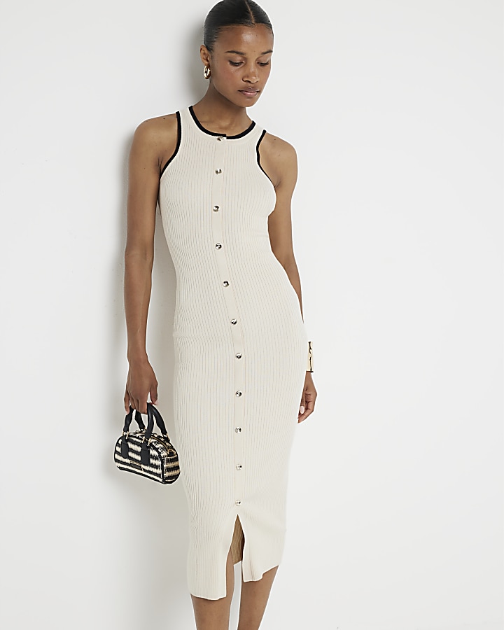 Cream Ribbed Taped Bodycon Midi Dress River Island