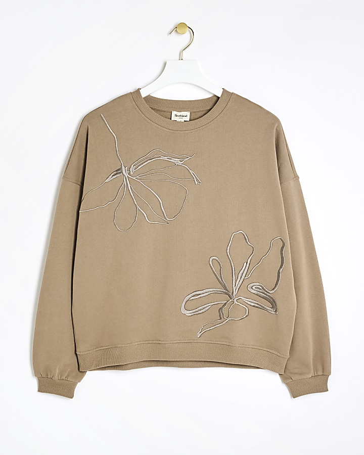 Beige Embroidered Flower Sweatshirt