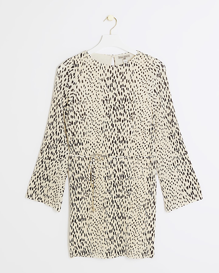Beige plisse leopard print shift mini dress