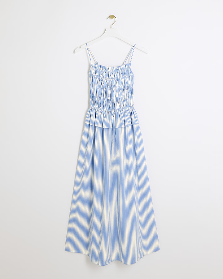 Blue stripe shirred smock midi dress | River Island