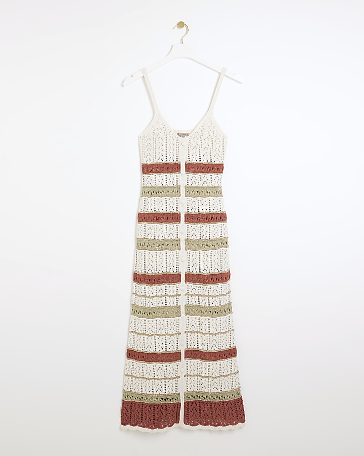 Beige knit metallic crochet maxi dress