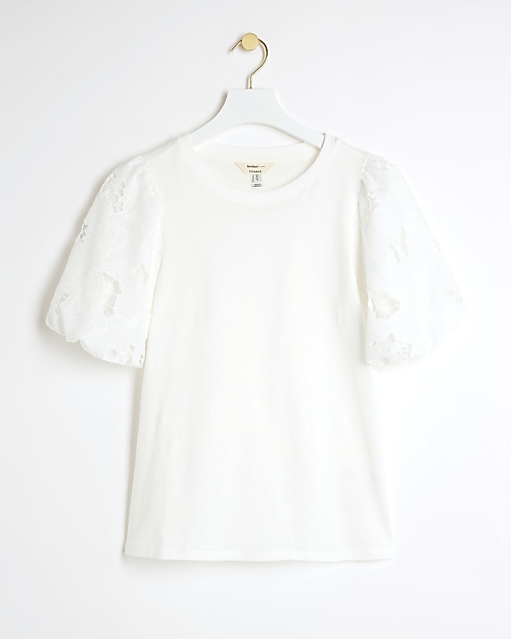 White Floral Puff Sleeve T-Shirt